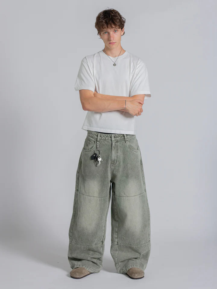 PANEL DENIM JEANS - WASHED GREEN